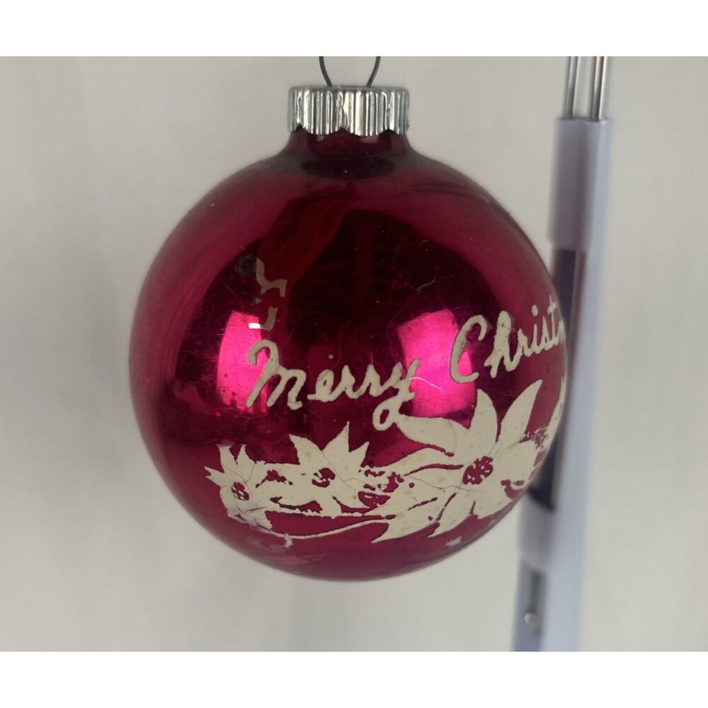 Shiny Brite Christmas Ornament Pink Merry Christmas Mercury Glass Stencil